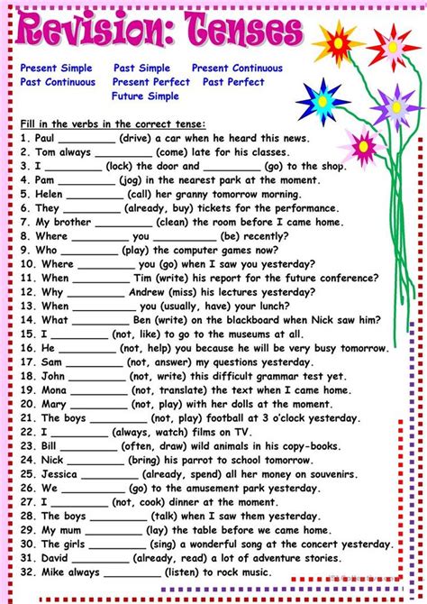 Tenses Revision English Esl Worksheets For Distance Learning And