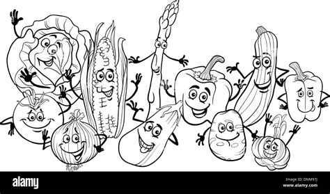 Black And White Cartoon Illustration Of Happy Vegetables Food