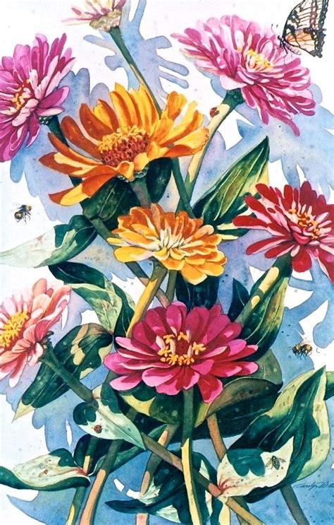 Print Of Watercolor Original Zinnia Flowers 5x7 Matted Etsy In 2020