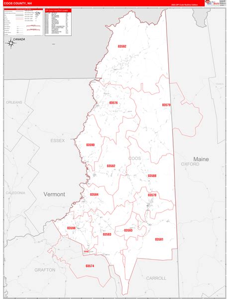 Coos County Nh Zip Code Wall Map Red Line Style By Marketmaps Mapsales