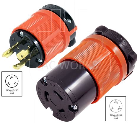 Ac Works® Nema L6 20 20 Amp 250 Volt 3 Prong Locking Pair Plug And Con