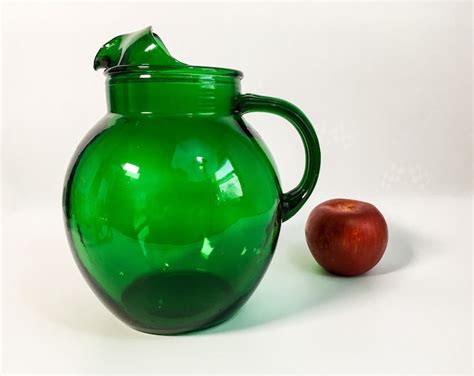 vintage green glass pitcher rould large emerald green etsy