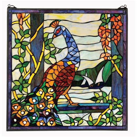 The proud, colorful peacock seen here blends into his floral surrounding. Design Toscano The Peacock's Garden Stained Glass Window ...