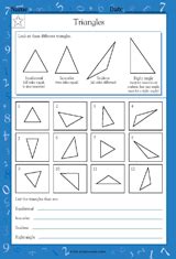 Identify the type of triangle whose angles are 35°, 40°, 105°. Types of Triangles - Math Practice Worksheet (Grade 4 ...