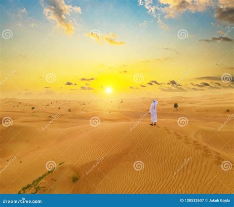 Arabian Man Walking At Desert During Sunset Stock Image Image Of