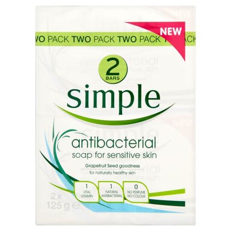 With warm water and scrubbing, you can wash away germs and grime while enjoying the accompanying fresh fragrance. Simple Antibacterial Bar Soap 2X125g - Tesco Groceries