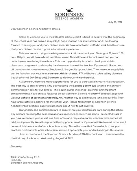 2019 2020 Welcome Letter Parents Christian Sorensen Science Academy