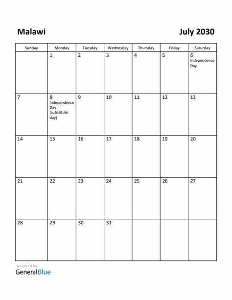 July 2030 Monthly Calendar With Malawi Holidays