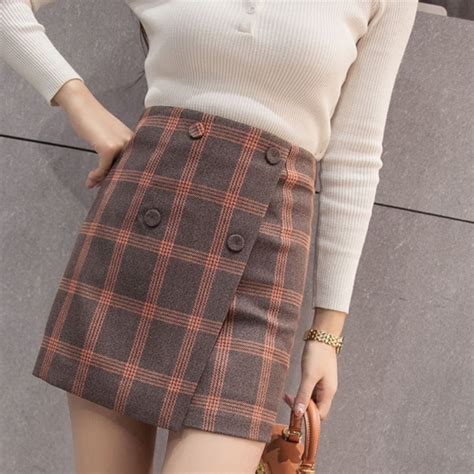 women plaid mini skirt ladies high waist vintage slim cotton casual skirts elegant buttons