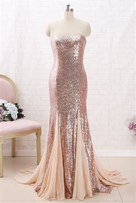 Macloth Mermaid Strapless Sequin Maxi Prom Dress Rose Gold Formal Even