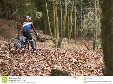 Cross Country Cyclist Pauses At The Top Of Slope In A Forest Stock