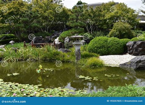 Japanese Zen Garden Pond With Bridge And Stone Lamp Stock Image Image