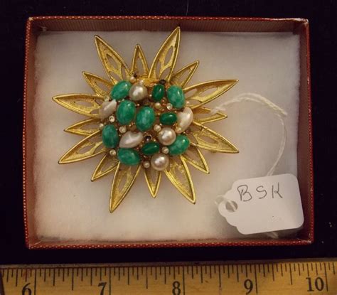 Vintage Bsk Brooch With Faux Pearl Cabochon A Vintage Costume