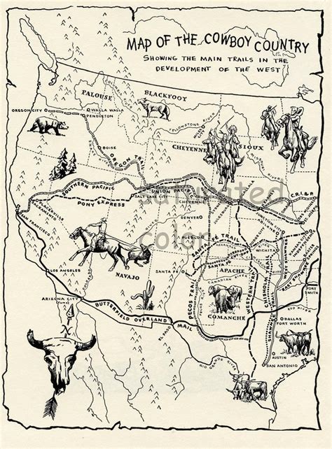 Vintage Cowboy Country Map Digital Image Download 1950s Etsy In 2021