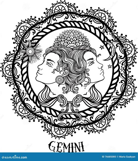 Hand Drawn Line Art Of Zodiac Gemini Vector Stock Illustration