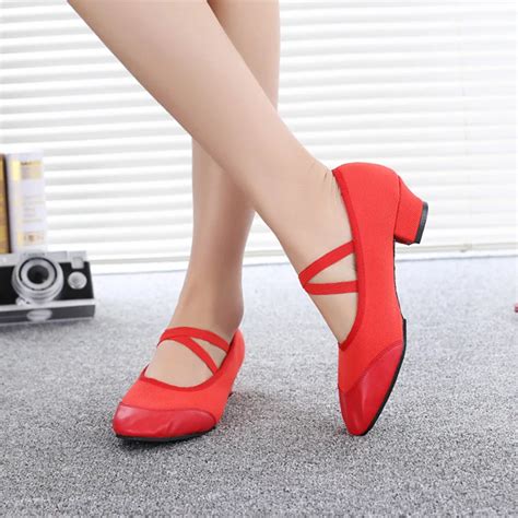 New Teacher Dance Shoes Canvas Leather Ballet Shoes Square Low Heel Dancing Shoe Black Red Girls