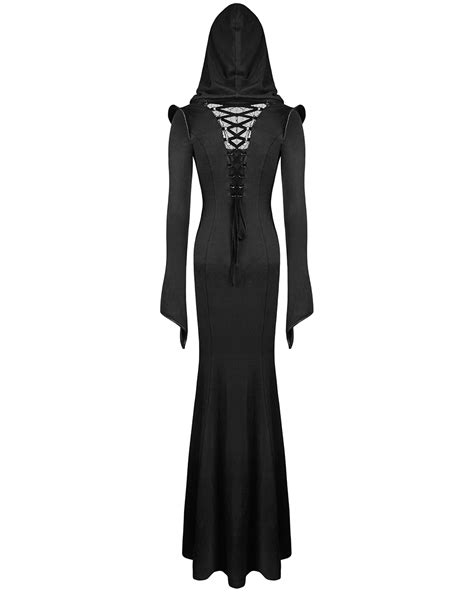 Punk Rave Coven Maxi Dress Long Black Hooded Gothic Witch Occult Cloak