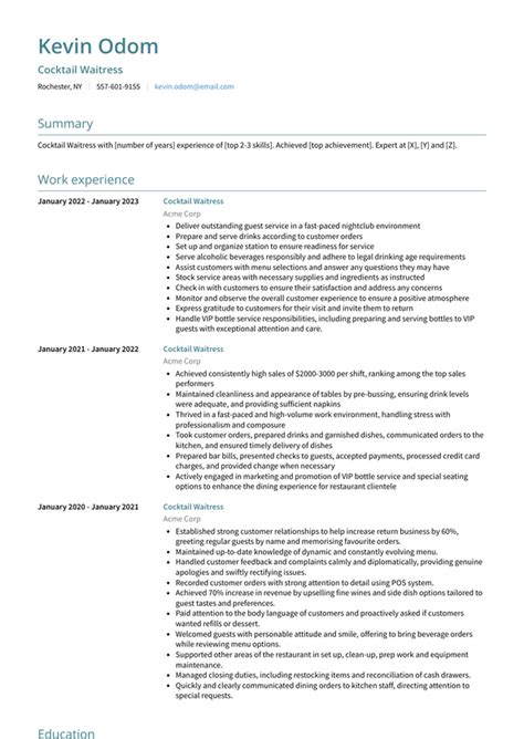 Cocktail Waitress Resume Examples And Templates