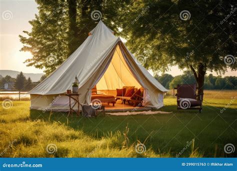 Tent On The Meadow At Sunset Vintage Style Photo A Luxury Camping Tent On A Meadow For Outdoor