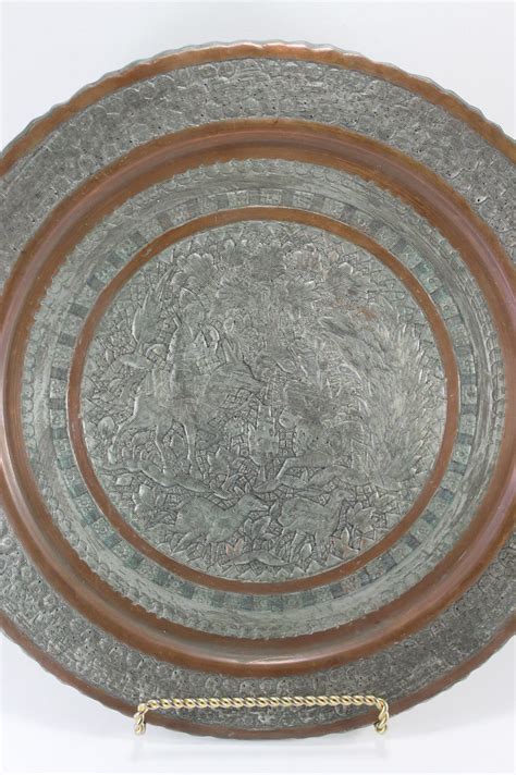Vintage Antique Silver Tone And Copper Middle East Persian Qajar Tray