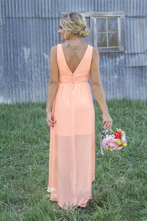 2016 New Peach Chiffon Bridesmaid Dresses Lace Crew Neck High Low