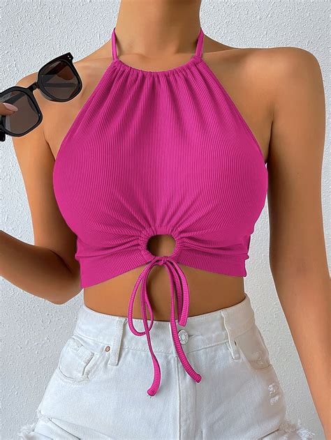 Pink Sensual Collar Poliéster Simples Halter Embellished Elasticidade Média Verão Tops Blusas E