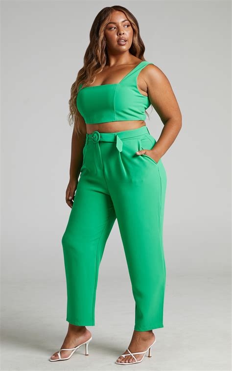 reyna two piece set crop top and tailored pants in green showpo eu