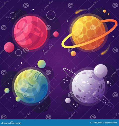 Set Of Cartoon Planets In Space Vector Illustration Modern Design