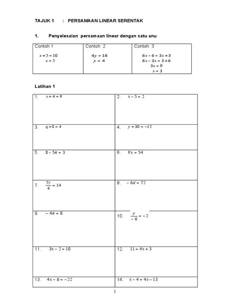 Soalan Persamaan Linear Serentak Tingkatan 1 / Persamaan Linear