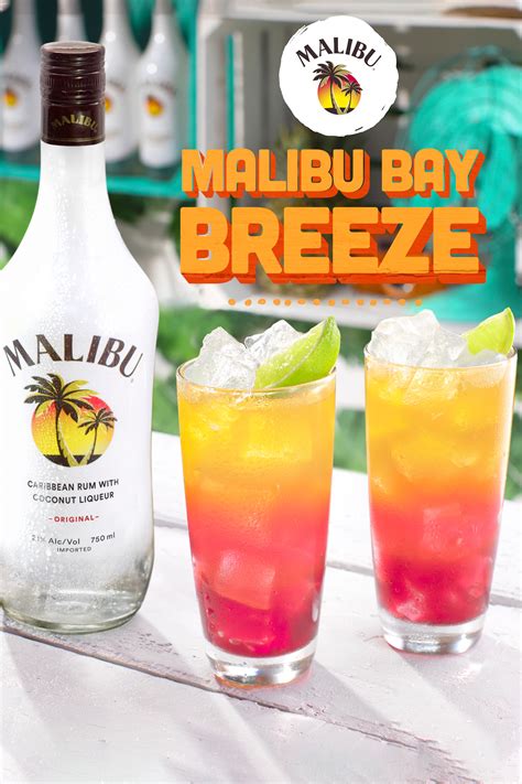 Pour the vodka over the ice, then add the coconut rum and peach schnapps. Malibu Bay Breeze | Recipe (With images) | Booze drink ...