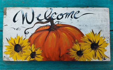 Pumpkin And Sunflowers Paintingwelcome Reclaimed Wood Etsy Fall