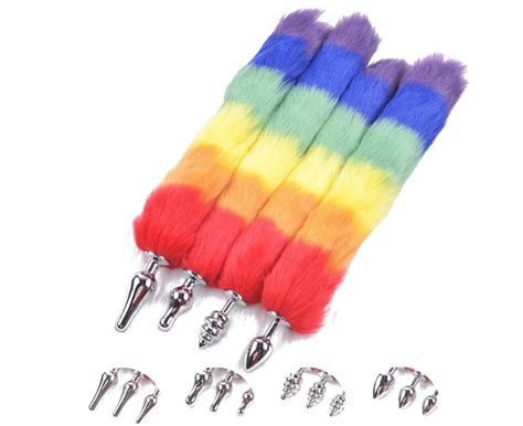 rainbow faux fox tail metal anal butt plug bdsm rainbow au