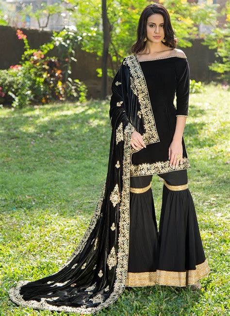Black Velvet Sharara Suit With Embroidered Shawl Dupatta Indian Outfits Pakistani Dress