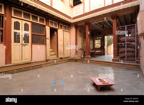 Interior Courtyard Of Indian Village House Gujarat India Asia Stock