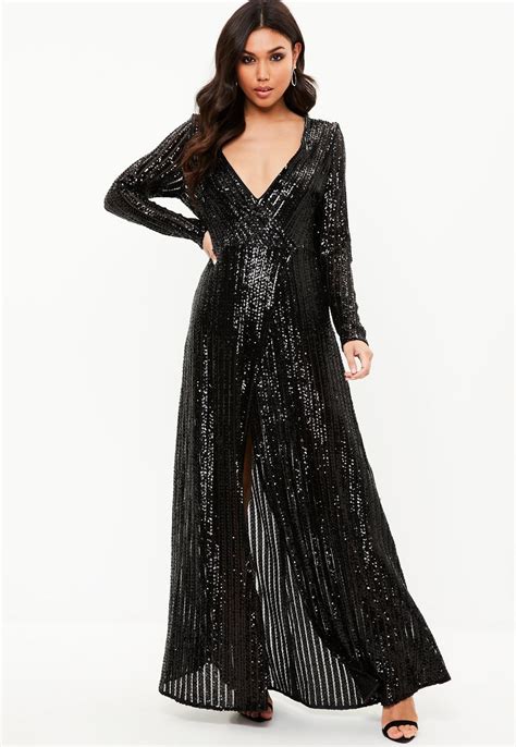 missguided black sequin plunge long sleeved maxi dress flowy dress long long sleeve maxi
