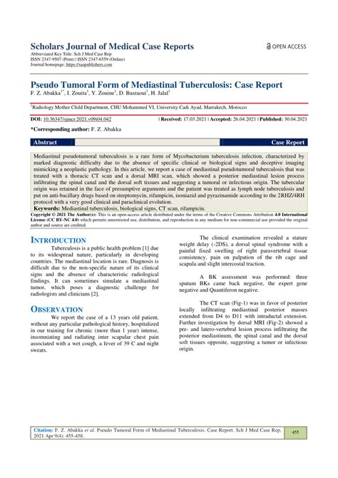 Pdf Pseudo Tumoral Form Of Mediastinal Tuberculosis Case Report