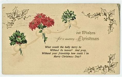 Vintage Christmas Postcard Embossed Poem Mistletoe Holly Berries C1910