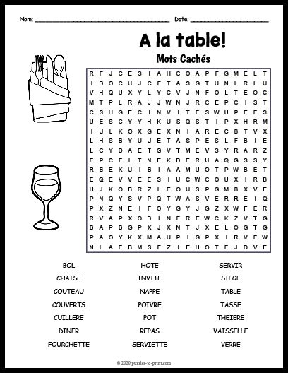 French Dining Vocabulary Word Search Puzzle