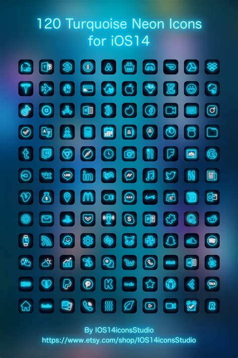 500 Blue Neon Ios App Icon Pack Turquoise Aqua Neon Etsy App Icon