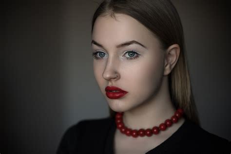 Women Blonde Blue Eyes Face Pierced Nose Red Lipstick Portrait