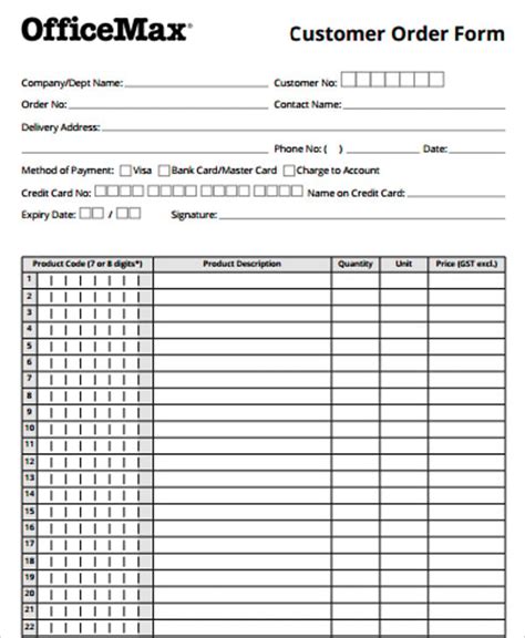 Printable Customer Order Forms Printable Forms Free Online