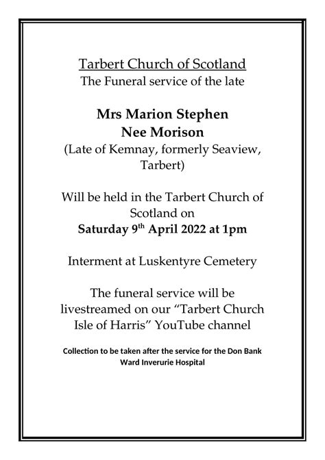 Funeral Notice Mrs Marion Stephen Tarbert Church Of Scotland
