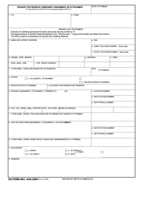Fillable Da Form 4651 Request For Reserve Component Assignment Or