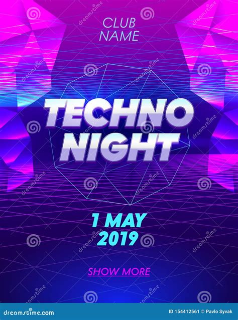 Techno Night Banner With Typography On Synthwave Neon Grid Futuristic