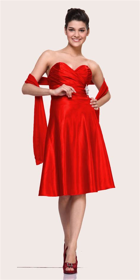 Clearance Strapless Red Dress Knee Length Sweetheart Brooch Satin Gown Size 3xl Knee