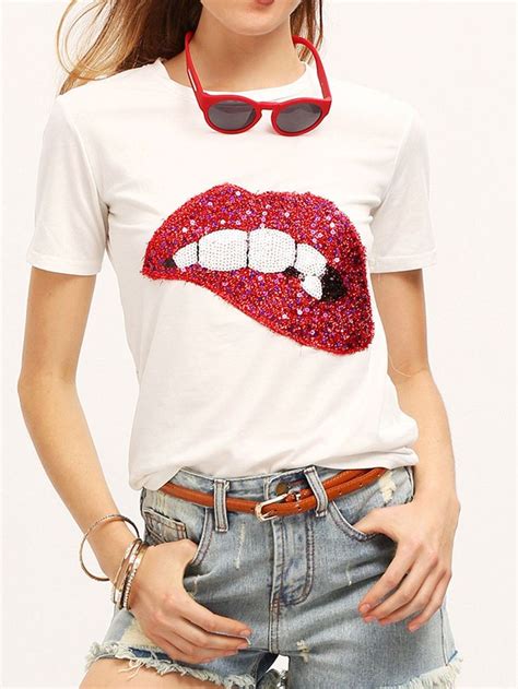 Glittery Lip Print T Shirt Lips Shirt Shirts Casual T Shirts