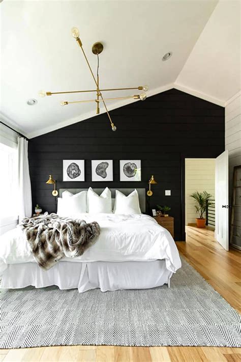 Black accent wall creates a perfect backdrop for the hanging led strip lights. 6 Powerful And Stylish Black And White Bedroom Ideas | Inspiration | Furniture And Choice