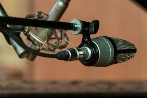Close Up Studio Condenser Microphone On Stand And Anti Vibration Mount