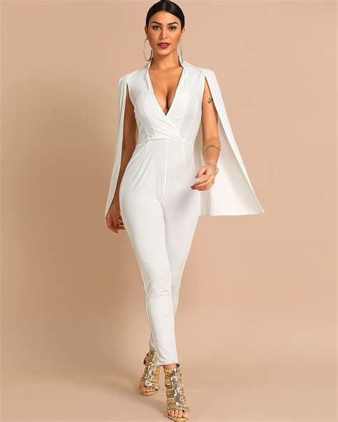 Fashion Women Solid White V Neck High Waist Cape Jumpsuit Ol Casual