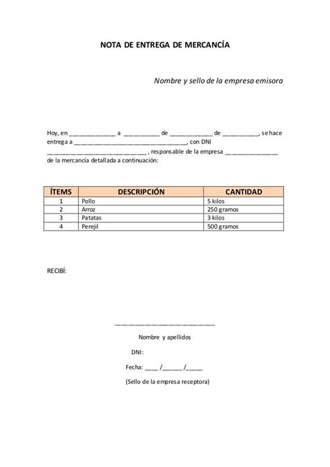 Ejemplo Nota De Entrega Mercancia Word